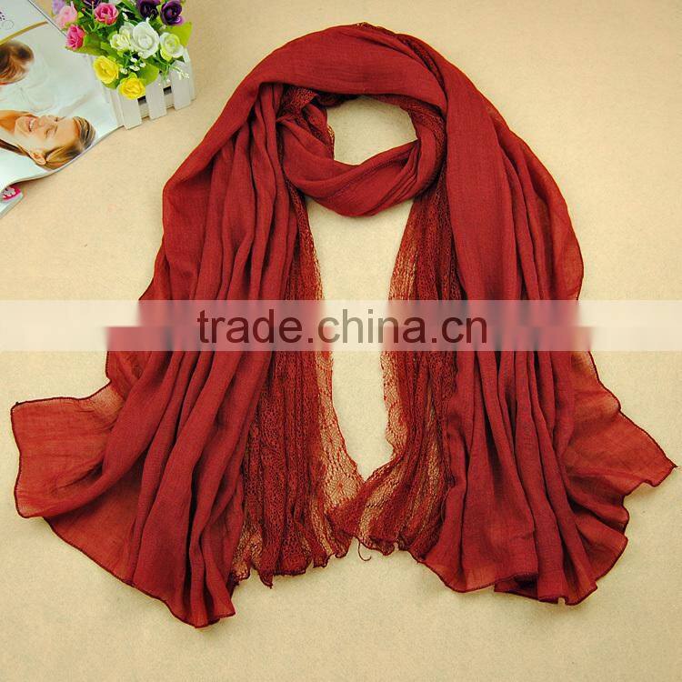 Wholesale Solid Color Cotton Linen Lace Fashion Ladies Scarf