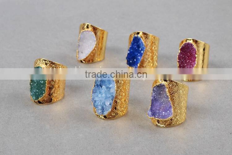 Golden hammered wide druzy ring cocktail ring adjustable band gemstone ring with stone