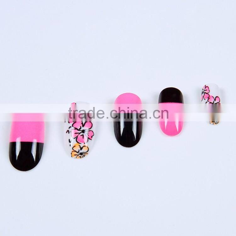 Pink flower half french half floral fingernail false designed nail tips
