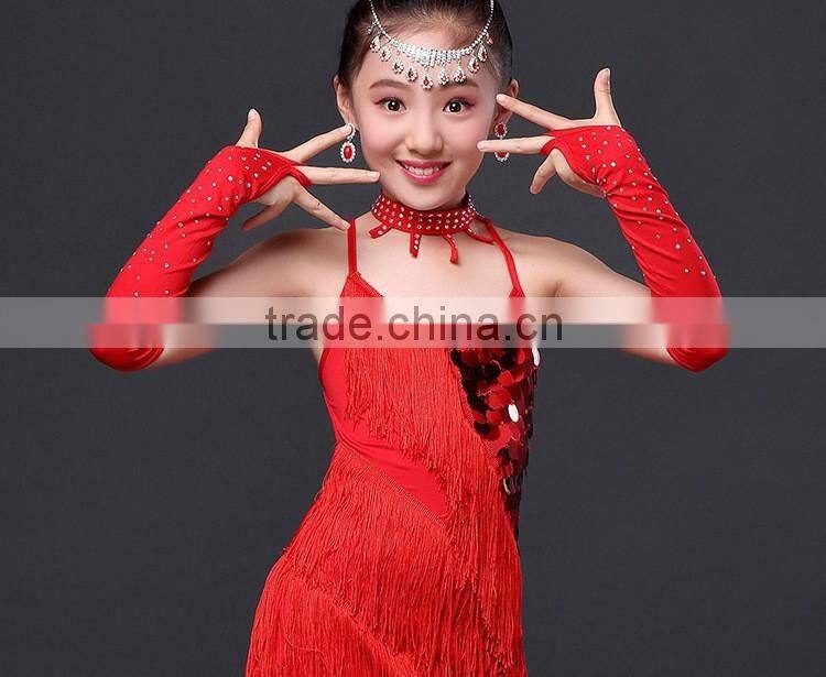 2016 Children Dance Skirt with Sleeves Sequins Latin Dresses Backless Fringe Children Latin Dance Dress for Girls Competition