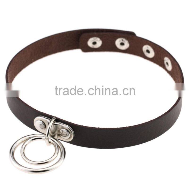 Fashion Handmade Punk Gothic Double O Shaped Metal Leather Button Jewelry Collar Choker Necklace
