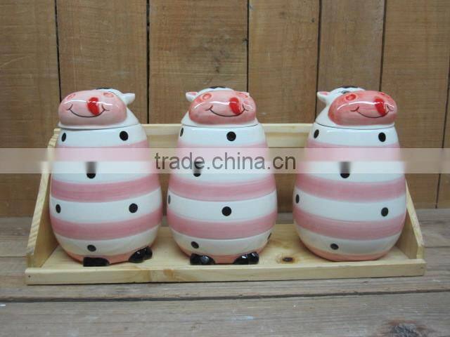 ceramic cute cow decorative 6pcs spices jars set with wood stand