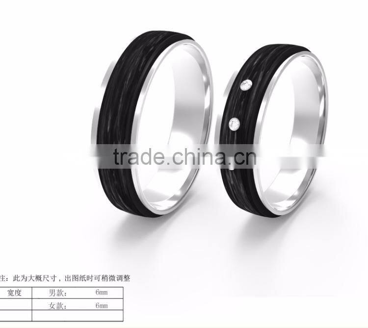 Fashion Wedding 925 Silver jewelry ring Black Carbon Fiber couple Ring with Cubic zirconia inlay ring