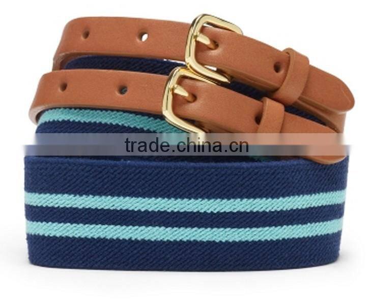 Beyond Men Women Fashion Blue Striped Fabric Jean Belt with Double Leather Tab