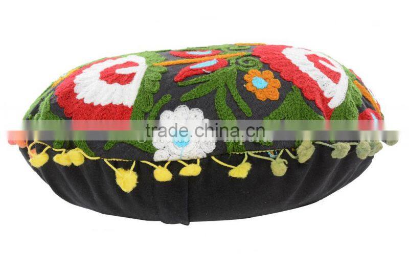 Indian Suzani Round Floor Pillows Cotton Ethnic Uzbek Embroidered Cushion Cover Boho Throw