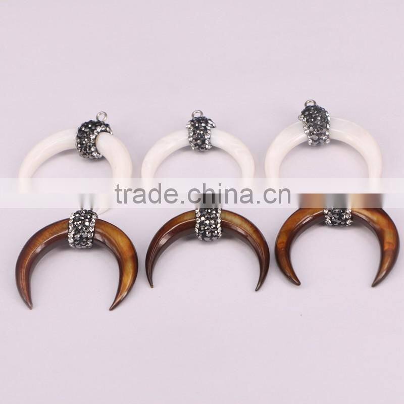 Charm Natural White / Brown Shell Druzy Pendant, Pave Crystal Double Horn Pendant