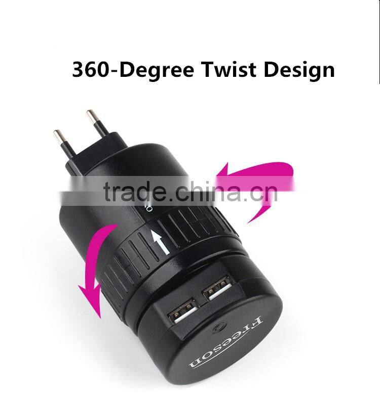 360-Degree Rotating 2 usb Universal Travel Adapter with Zipper Pouch Bag