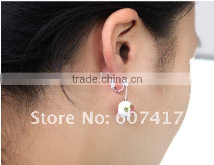 blue flower printed Qinghua porcelain ball shaped drop earings with clips