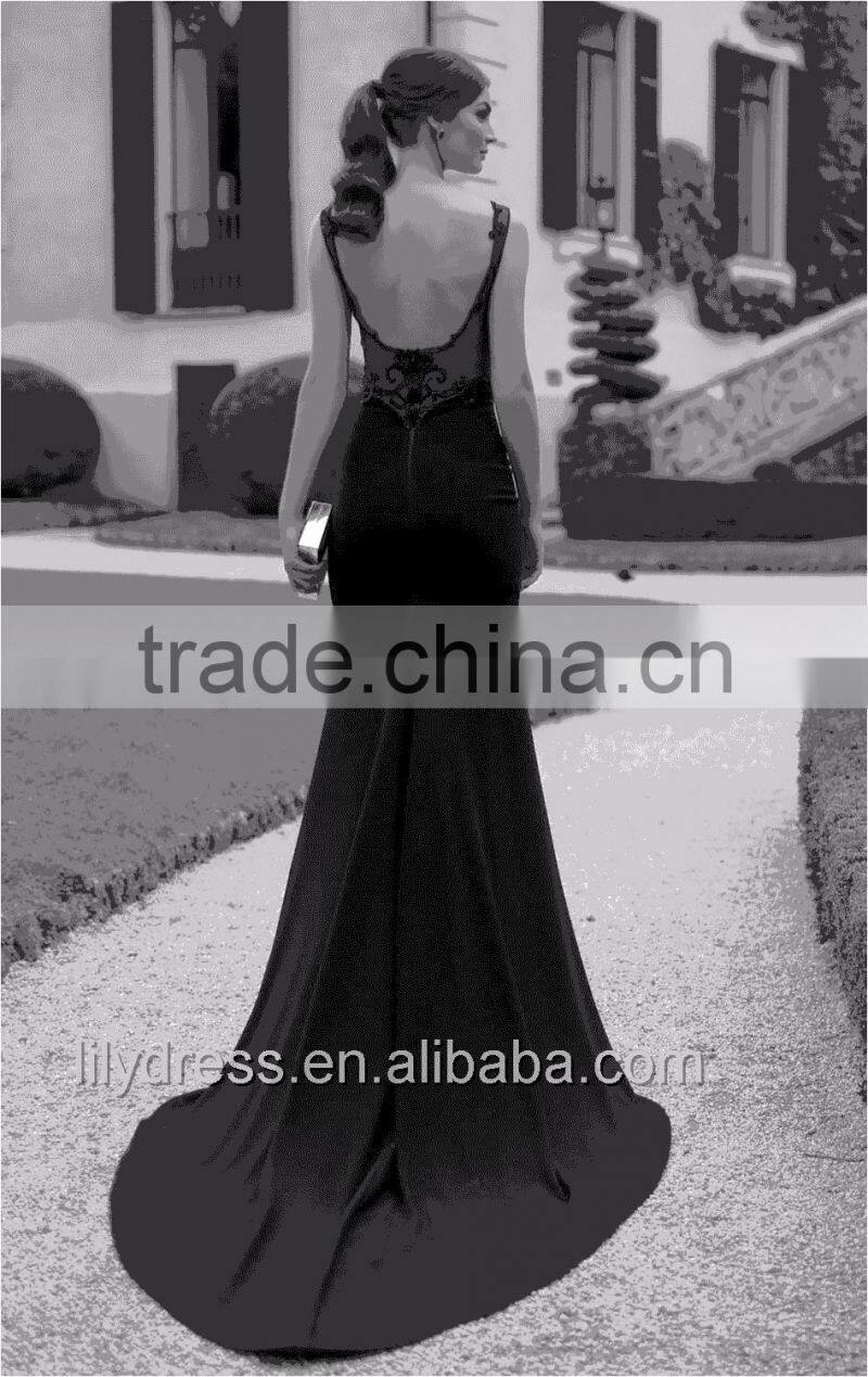 2016 New Arrival Sexy See Through Neck Black Mermaid Evening Dress Vestido De Festa Longo Backless Long Formal Dress ML053