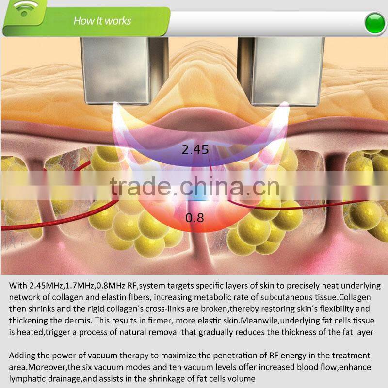 Vacuum&bi-polar multi-RF&red light machine,3 RF frequency of 0.8MHz&1.7MHz&2.45MHz,for facial lifting&body contouring