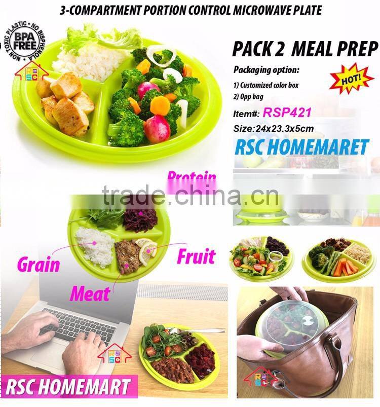 3-compartment meal prep plastic microwave portion control plates section divided dish with air vented lids