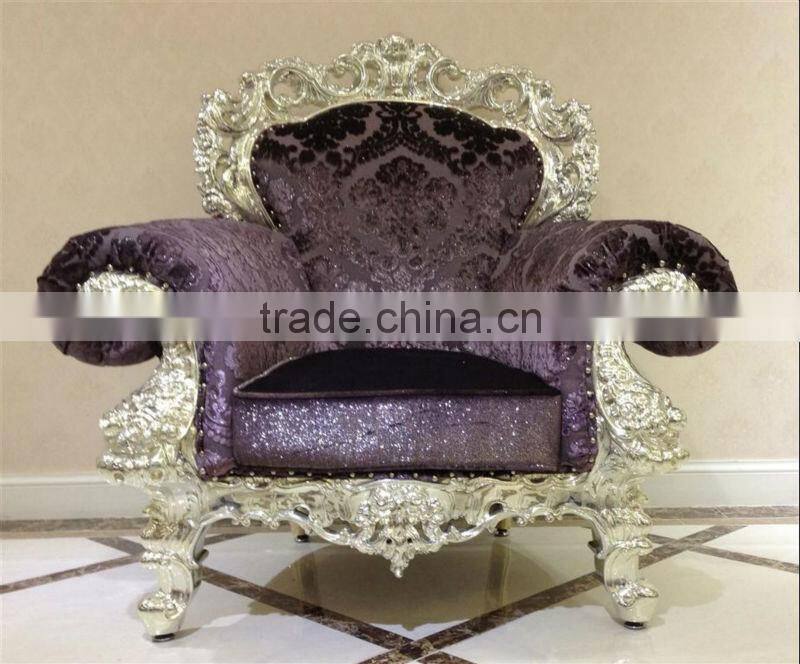 home and hotel silver leaf resin based purple fabric antique reproduction 3-seat sofa furniture