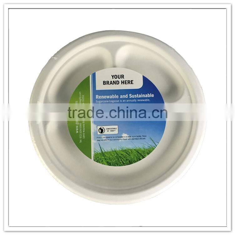 FDA approved food standard cheap high quality 3 compartments round paper disposable divided plates