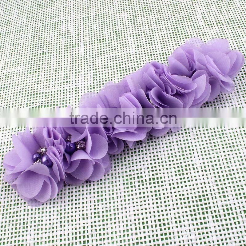handmade chiffon flower headband with pearl beads center for kids hair accessories for baby girl