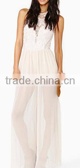 2014 new fashion white sexy see though Lace Jumpsuit with elegant long chiffon pants