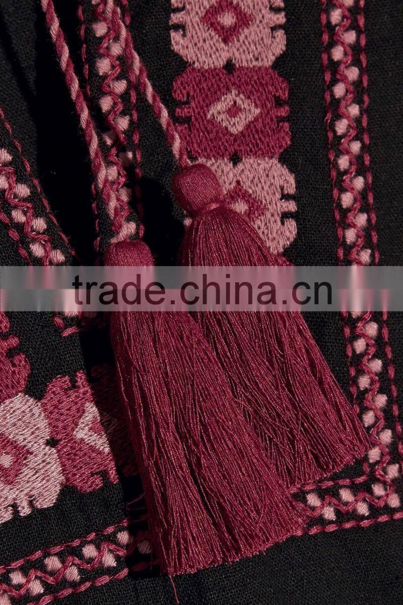 Ukrainian Boho Clothing Embroidered Cotton Mini Dress Machine Embroidery Intricate Plum Pattern And tasseled Ties 2016 HSD5690