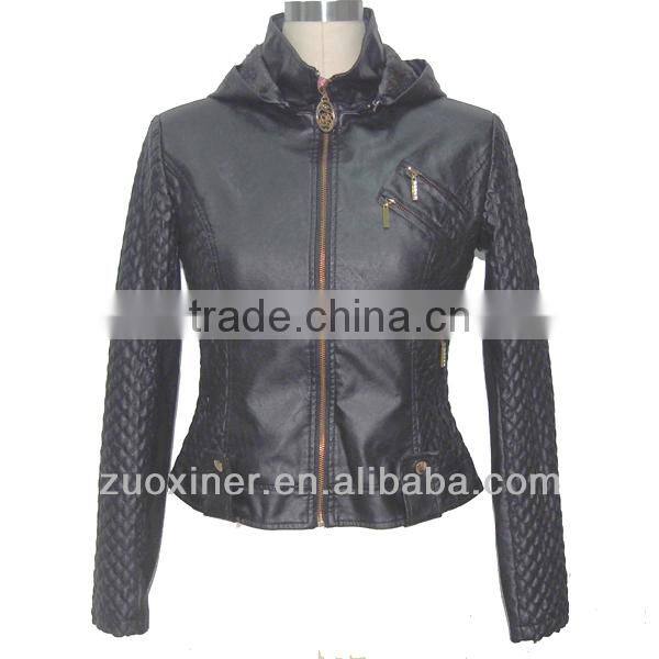 Biker PU leather jacket with hood for lady|faux leather jacket for women