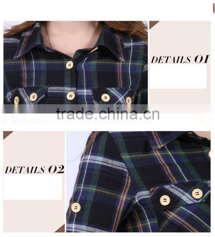 Womens loose Blue green check long sleeve dress with two chest pockets and button up