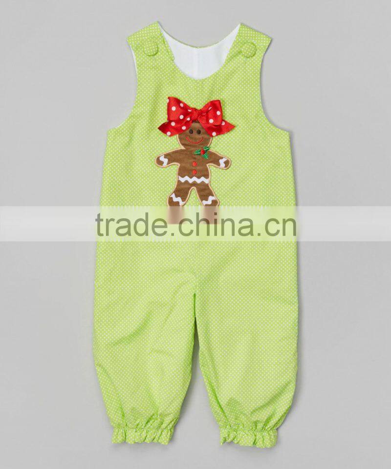 Lime Green Polka Dot Appliqued Gingerbread Baby Girls Romper With Bow