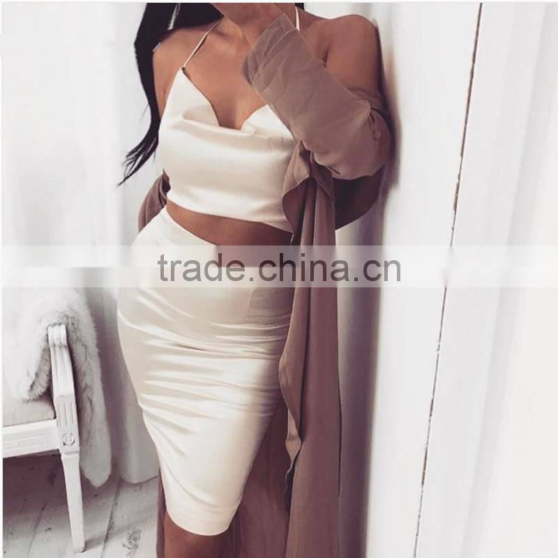 2017 Clothes Women Ladies Sexy Halter Fashion Women Top + Knee Length Satin Skirt