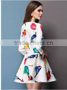 Casual 2015 Summer Style Sexy Bodycon Birds Print O Neck Pleated Party White Dress Women Vestidos Cheap Clothes China