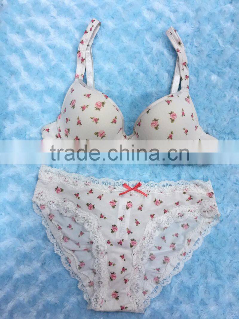 Lovely flower printed hot sale sexy ladies fancy bra panty set