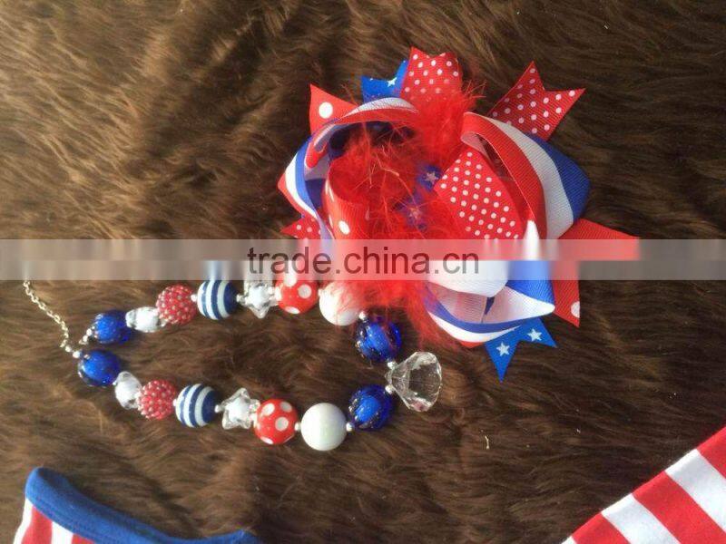 2015 new baby girls ruffle capri dress set July 4th outfits with matching necklace and bow