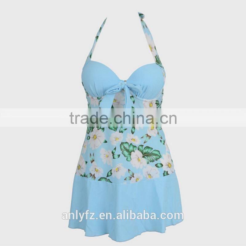 Sexy women's deep v-neck ruched sides sunflower-print self-tie halterneck swimsuit