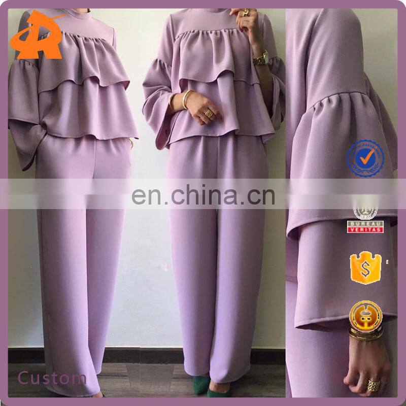 China Product Small Quantity Women Tops with Ruffle Details Malaysia Style Lady Blouse