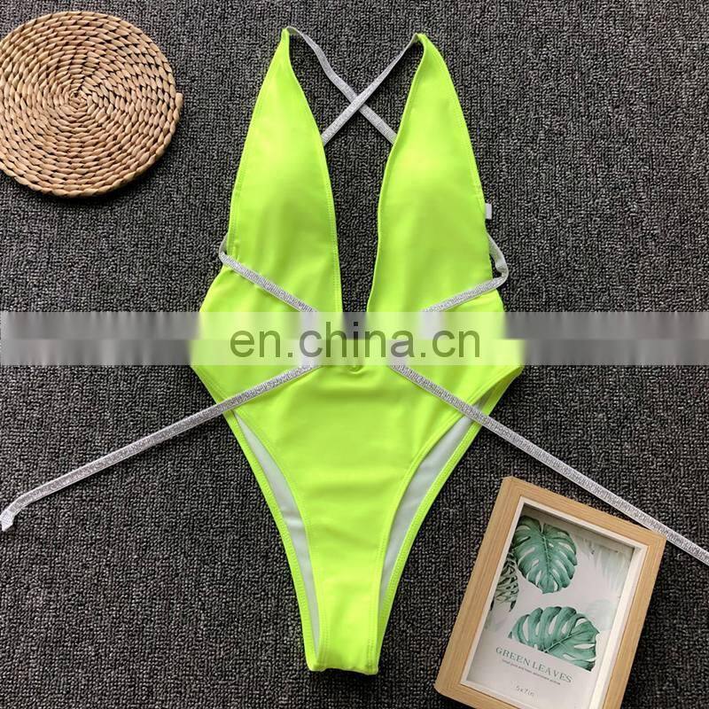 One piece Swimsuit Neon Green Glitter Swimwear Women bandage swimsuit high cut monokini Shiny bathing suit plunge swimsuits