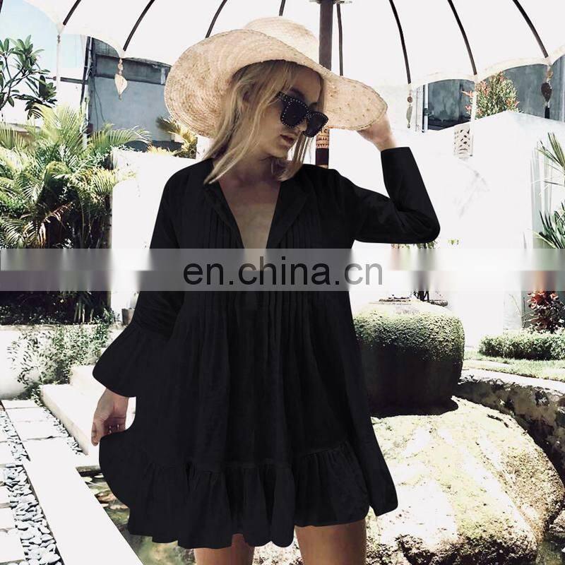 Loose Beach Dress Women White Beach Cover Up Women Bikini Cover Up Flare Sleeve Bohemian Bathing Suit Sundress Ruffle Hem Dress