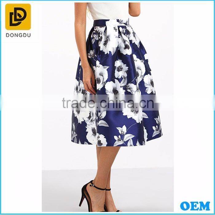 High Fashion Satin Blue Print Umbrella Skirt For Ladies Ballet Tutu High Waist Skirts
