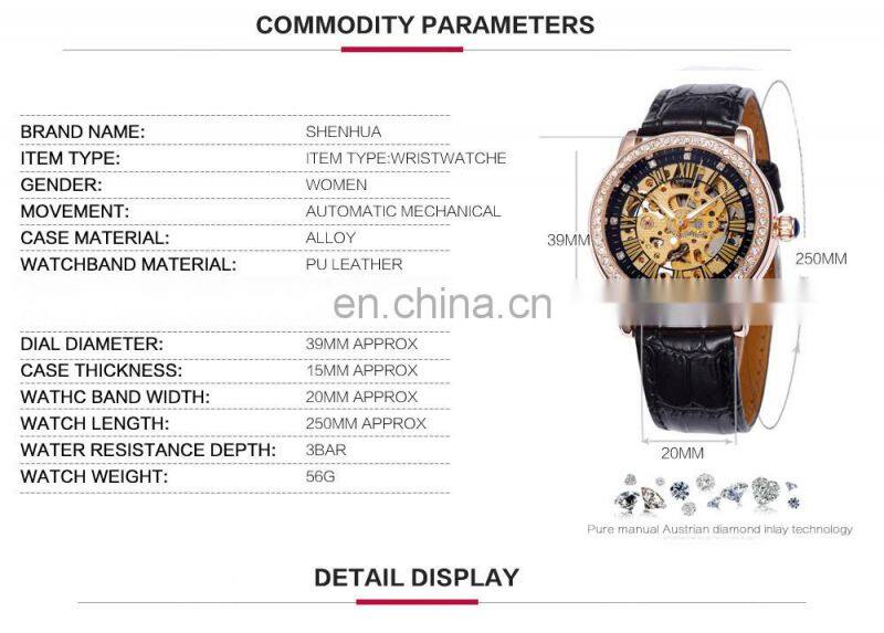 SHENHUA 9592N Lady Mechanical Wrist Watch Women Skeleton Automatic Self-Wind Watches with Rhinestone