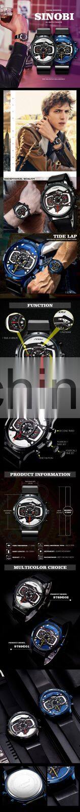 SINOBI S9789G Chronograph Men's Watch Creative Design Model Silicone Band Quartz Watches Relogio Masculino