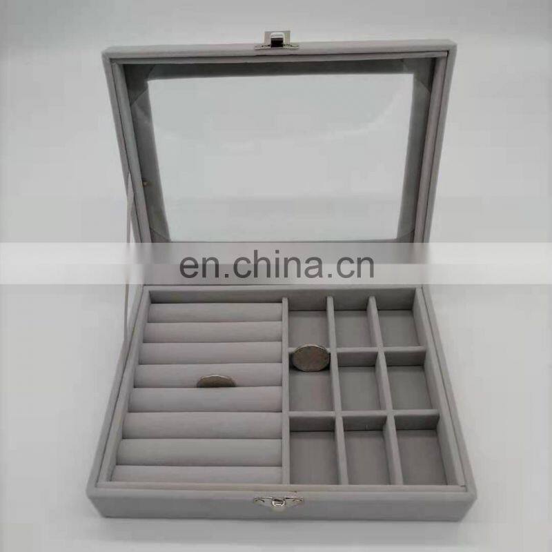 Velvet Glass Ring Earring Jewelry Display Organizer Box Tray Holder Storage Case