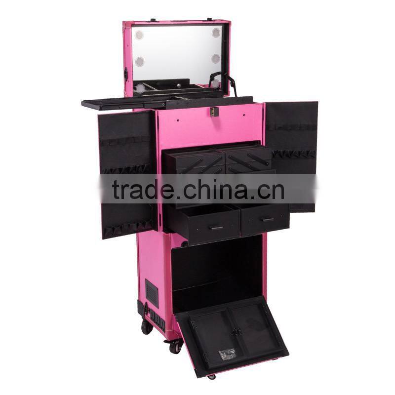 2016 DreamBaku hot sale pink multifunctional professional pvc trolley rolling makeup case with led lights