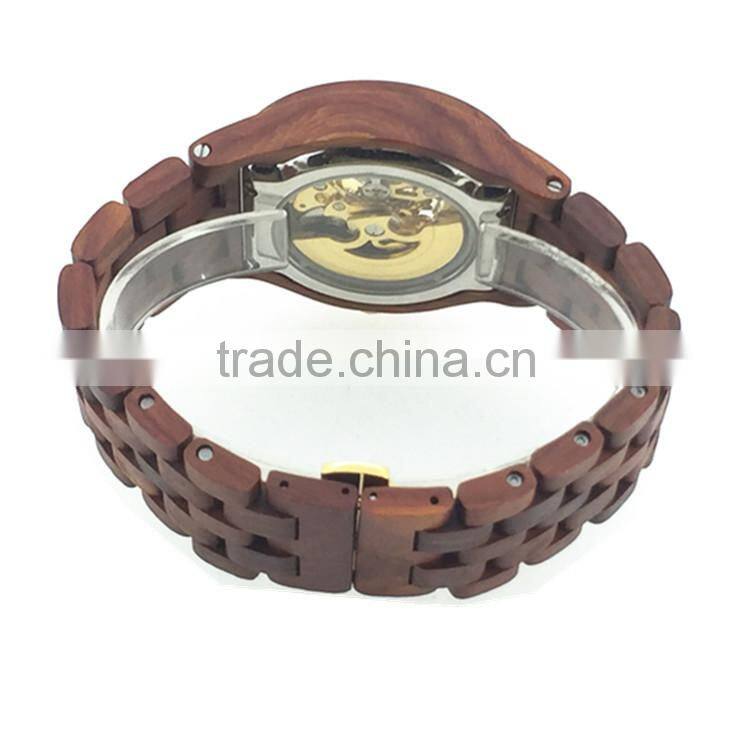 Fashion watches water resistant wooden watch with stainless steel case back and skeleton automatic mechanical watch