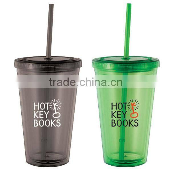 450ml/16oz BPA free plastic double wall tumbler with straw