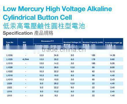 L1016 11A high voltage alkaline cylindrical Button cell