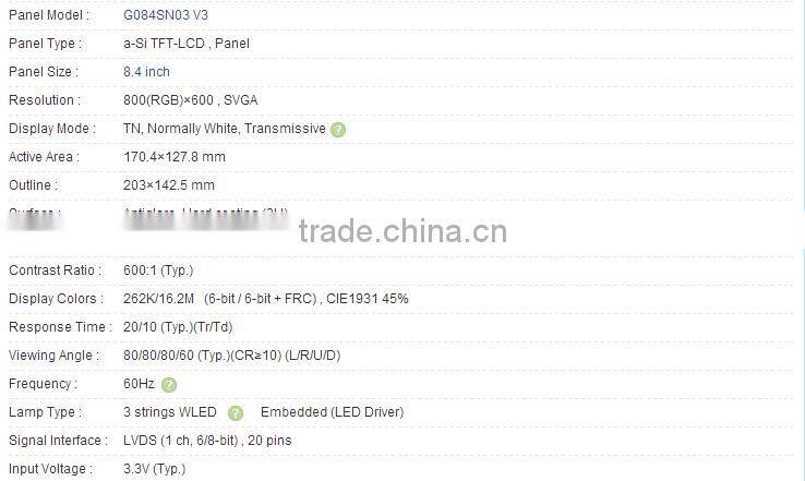 8.4 inch G084SN03 V3 a-Si TFT-LCD Panel For AUO