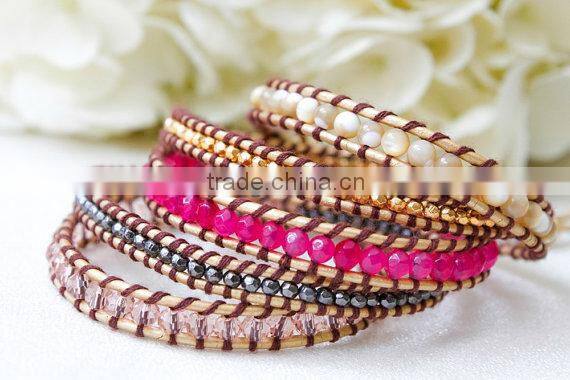 Gold plated Stripe Leather Bracelet with colorful beads