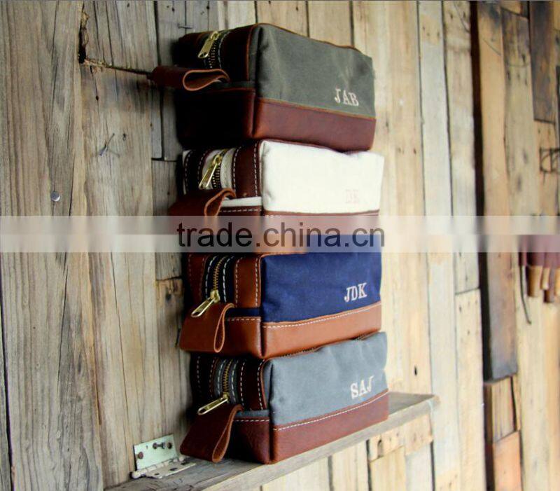 High quality and personalized waxed canvas and leather bag , waxed canvas zipper pouch with leather accents , waxed canvas pouch