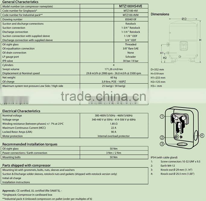 Good performance Maneurop piston refrigeration compressor MTZ100