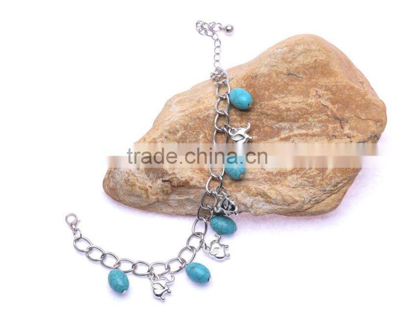 Lovely Tibetan Sliver Plated Turquoise Bead with Elepant Dangle Pendant Charm Bracelet & Bangle