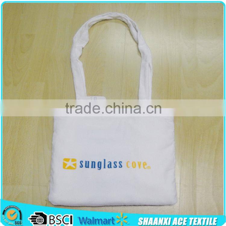 Simple white color blue logo printed tote beach towel bag