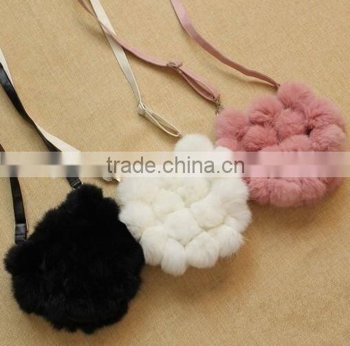 Lovely Design Unique Style Gather Rabbit Fur Pompoms Leather Chain Bags
