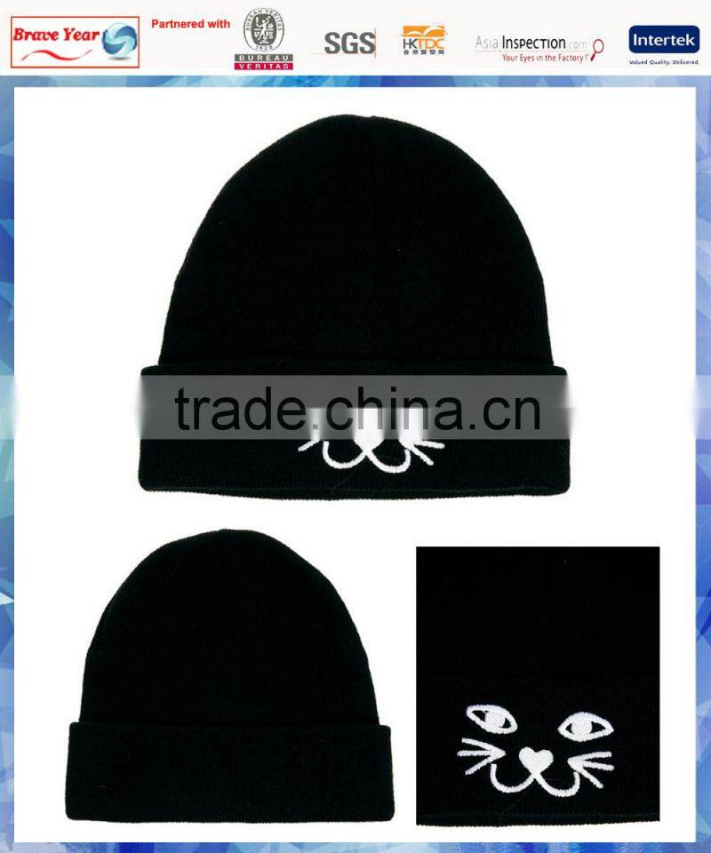 100% acrylic cat face embroidered funny knitted hat
