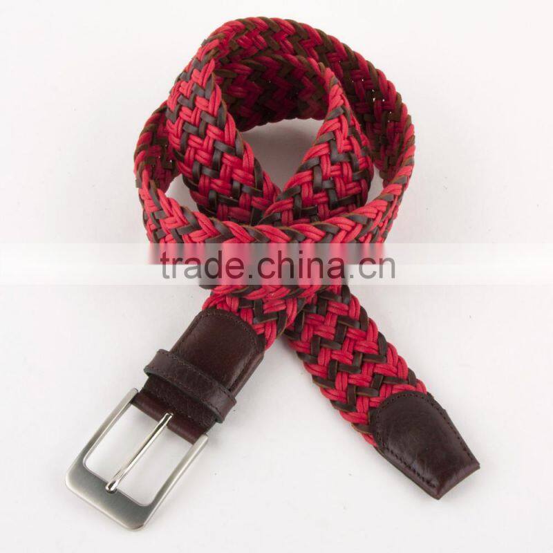 Brown Leather Red Cotton Mesh Weave Belt