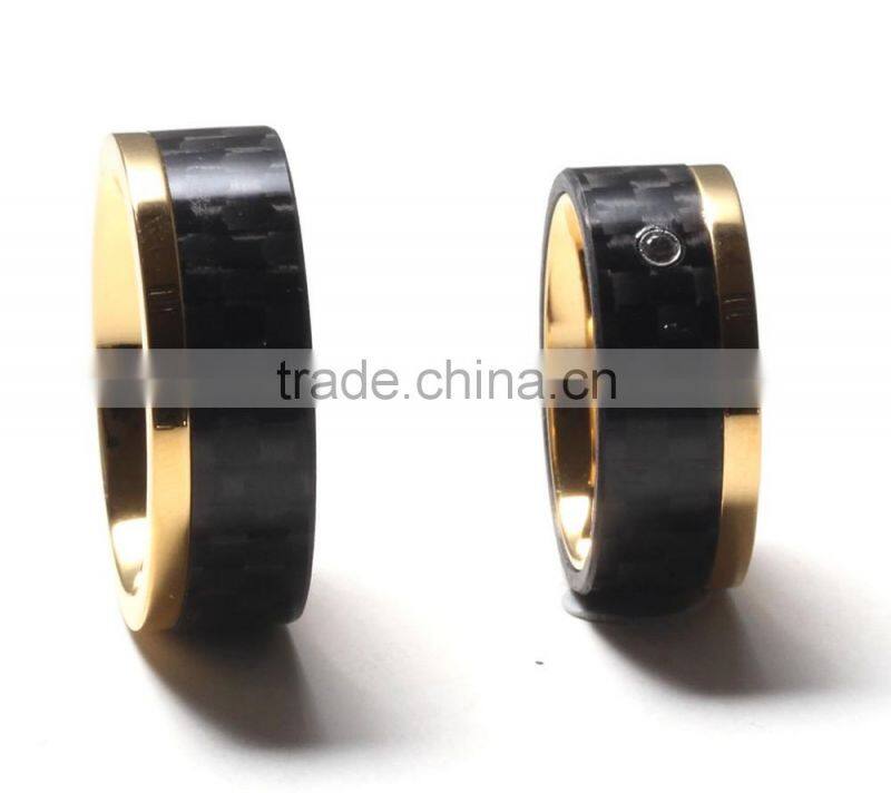 IP Yellow Gold Plated titanium ring with glossy carbon fiber