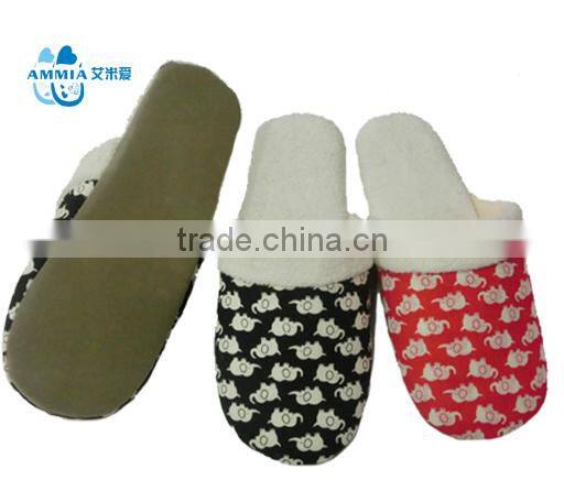 OEM Ladies indoor printing fabric slipper 2015 Customized terry winter high quality warm TPR slippers